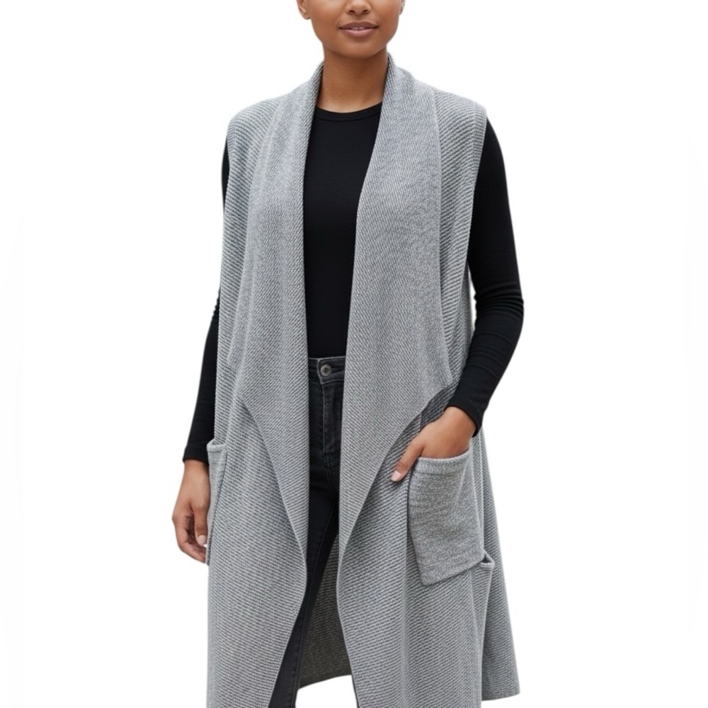 H&M Sweater Vest Long Heather Gray Size Small Lagen-Look Pockets Knit